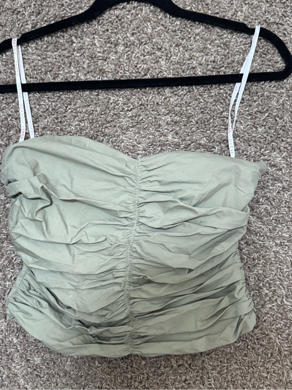 Guess Sage Green Strapless Ruched Top with Removable Straps